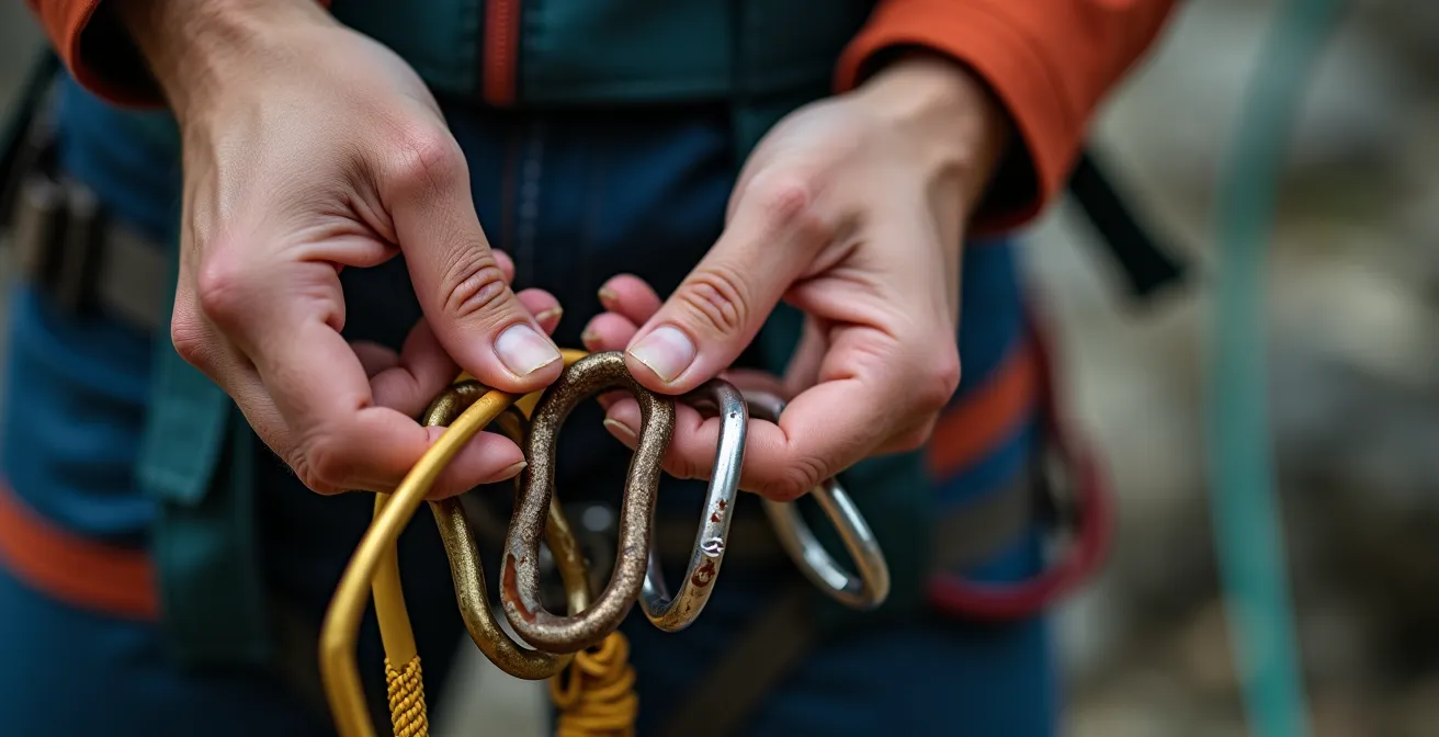 Close-up of hands inspecting climbing harness and carabiners with soft natural lighting