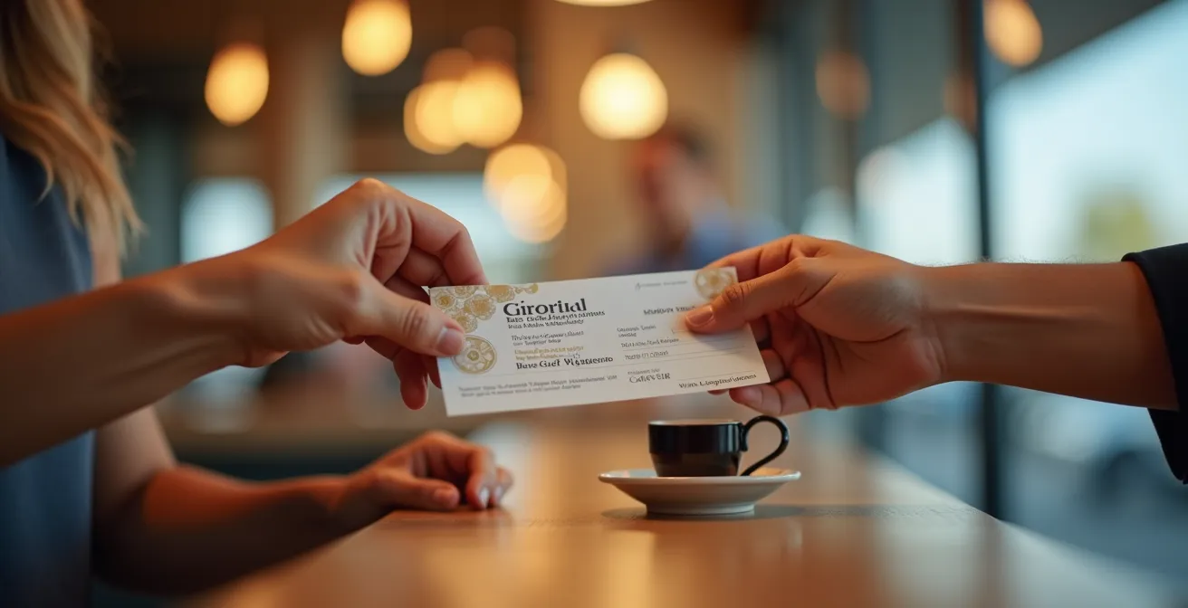 Close-up of passenger hands holding food vouchers at an airport cafe counter