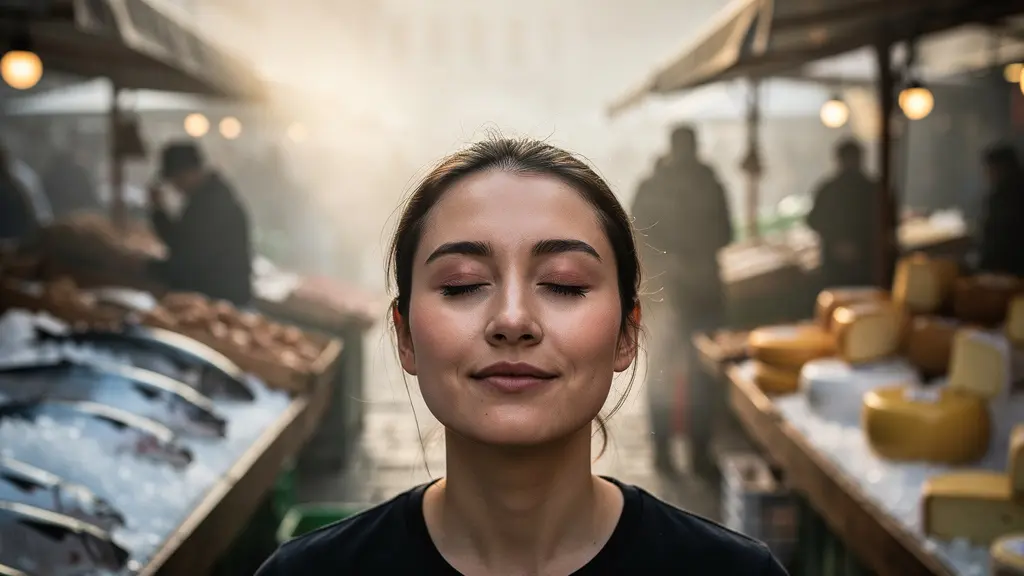 Plan moyen d'une personne respirant profondément au marché, entourée d'étals de fromages et de poissons