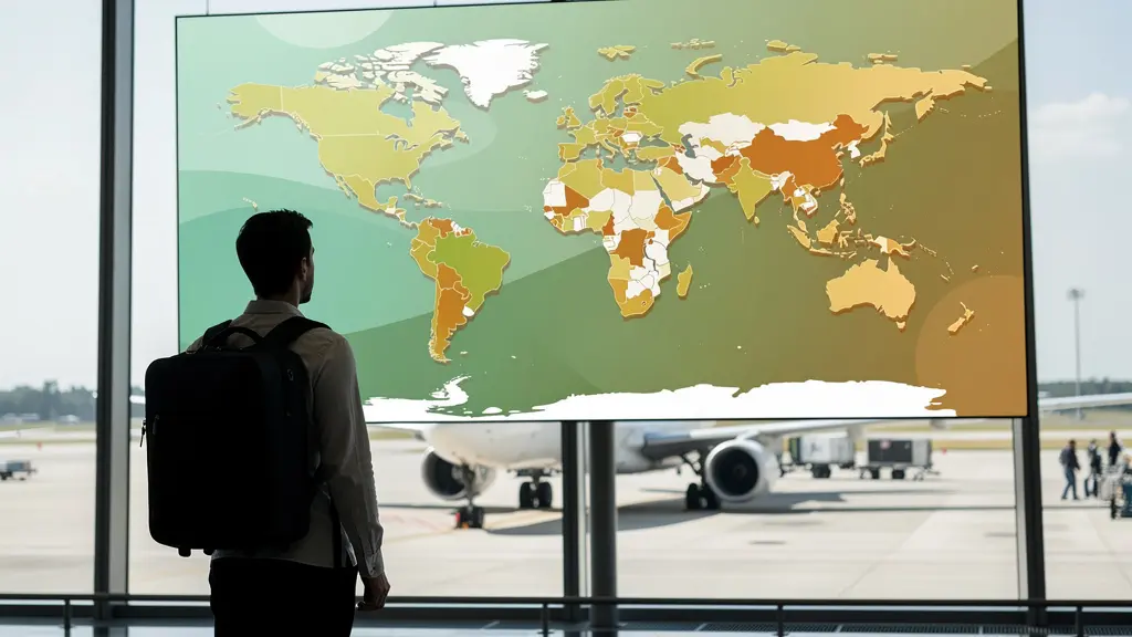 Un voyageur consultant une carte numérique avec zones colorées de risque dans un aéroport moderne