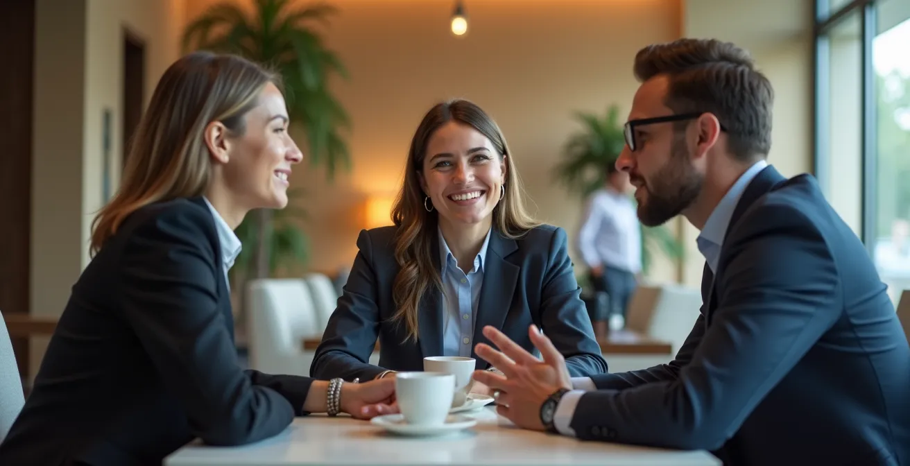 Professional meeting taking place in modern aparthotel lobby lounge area
