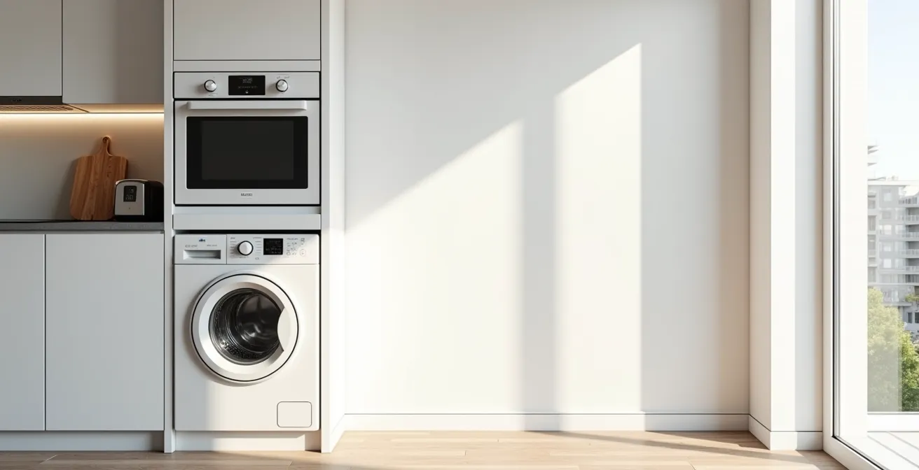 Modern washer-dryer combination unit built into a London apartment kitchen