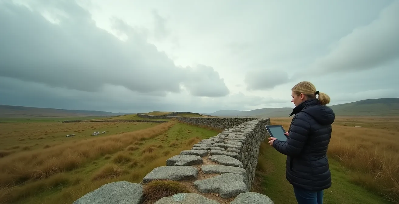 Volunteer using augmented reality app at Hadrian's Wall archaeological site