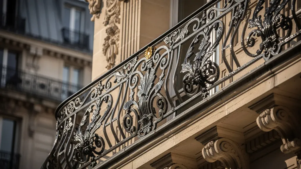 Détail architectural d'une façade haussmannienne avec ses balcons filants caractéristiques