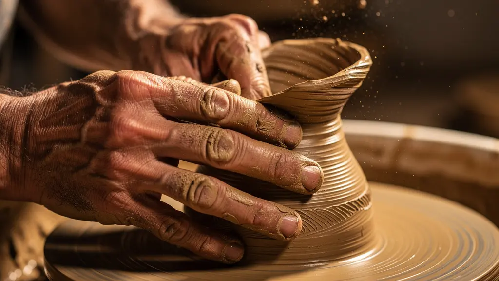 Mains d'artisan façonnant l'argile, capture du geste créateur ancestral