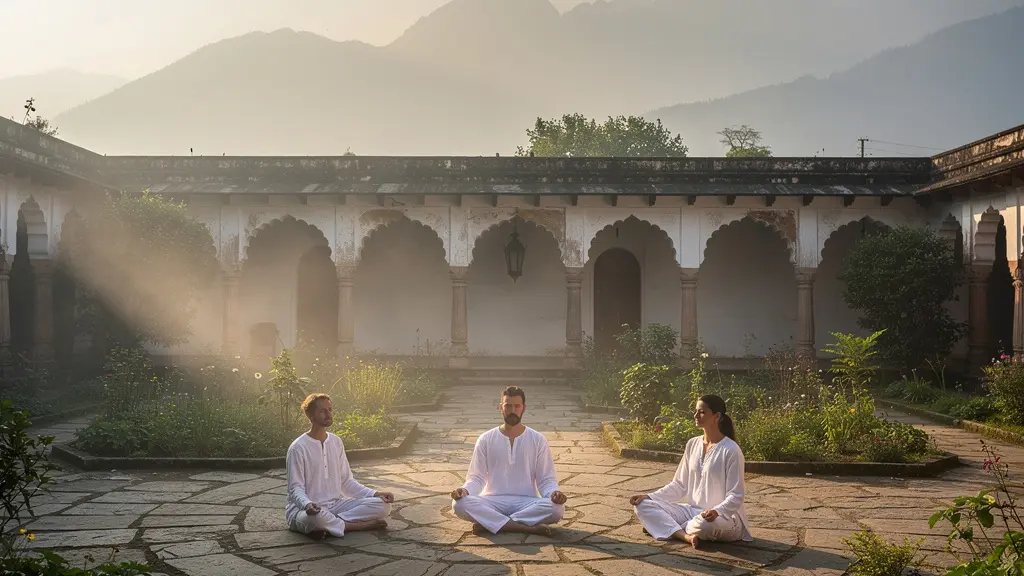 Vue sereine d'un ashram himalayen avec des pratiquants de yoga occidentaux en méditation matinale