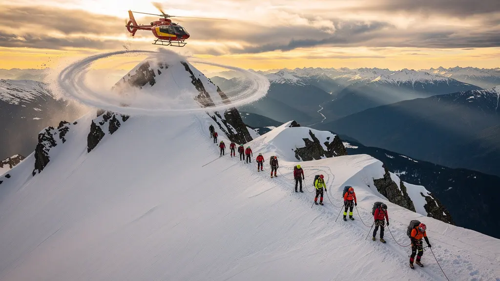 Scène dramatique d'évacuation héliportée en montagne avec équipe de secours professionnelle en action