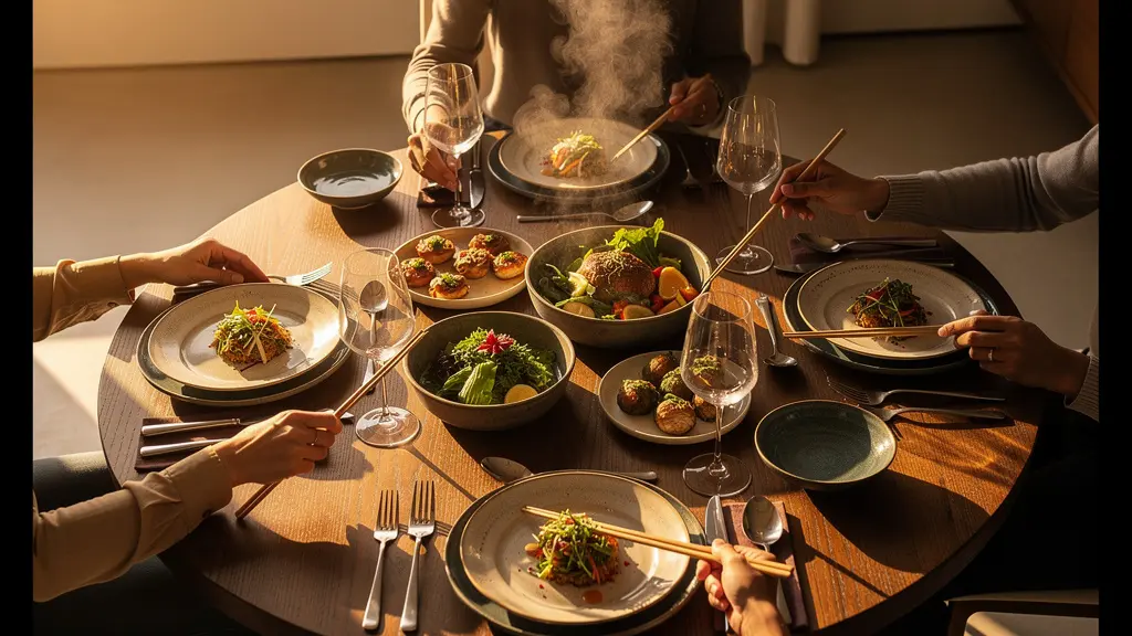 Une scène de repas multiculturel mettant en valeur les différentes traditions de table à travers le monde