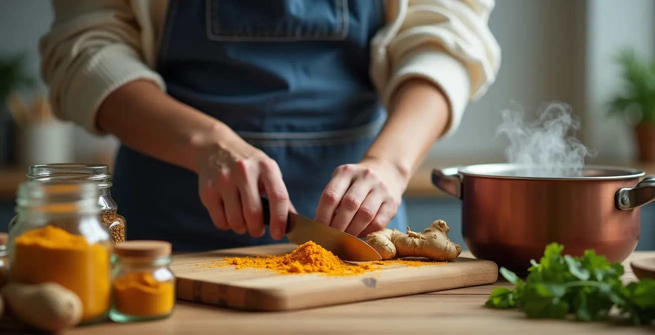 Traditional Ayurvedic cooking ingredients arranged in a modern UK kitchen