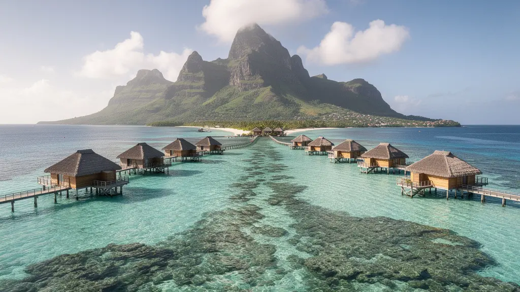 Vue aérienne du lagon turquoise de Bora-Bora avec le Mont Otemanu au centre et des bungalows sur pilotis