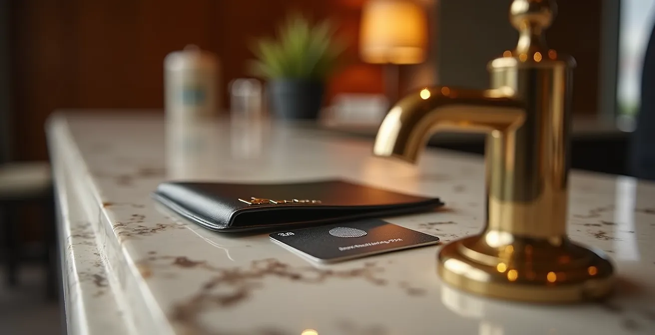 Close-up macro shot of hotel lobby details revealing hidden chain brand indicators, like a loyalty card reader.