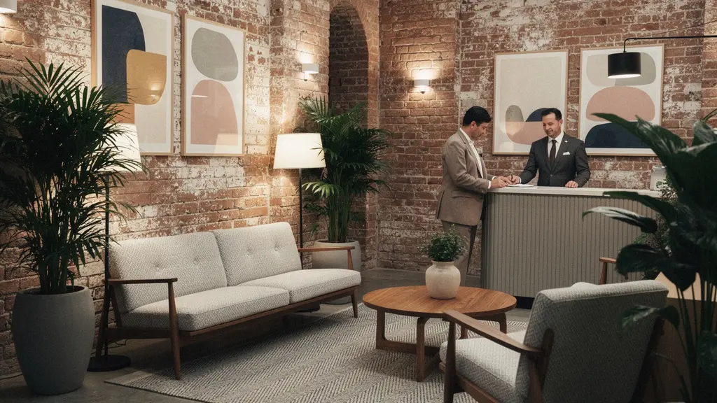 Hall intimiste d'un boutique-hôtel avec architecture authentique, mobilier design soigné et atmosphère chaleureuse