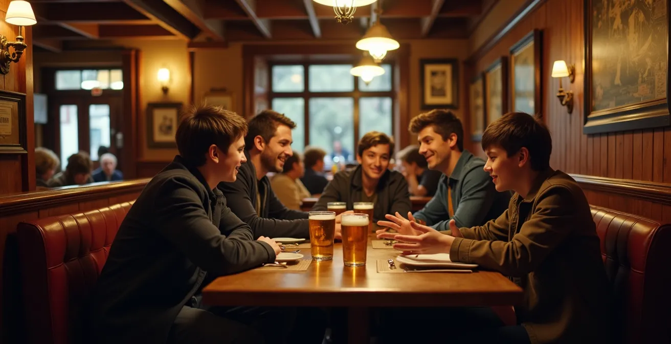 A family having a lively and engaged discussion around a table in a traditional, warm British pub.