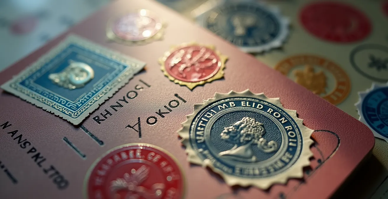 British passport pages filled with colorful visa stamps from various visa-free destinations