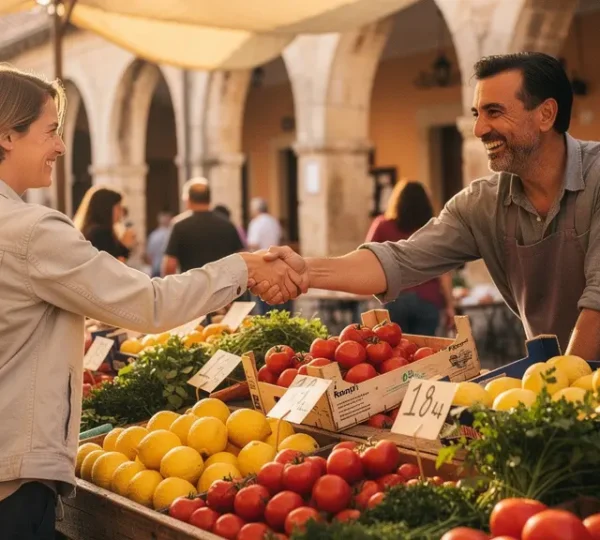 A British traveler sharing a warm handshake with a local vendor at a sunlit Mediterranean market, surrounded by colourful produce and rustic stone architecture