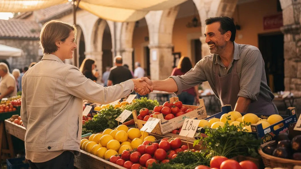 A British traveler sharing a warm handshake with a local vendor at a sunlit Mediterranean market, surrounded by colourful produce and rustic stone architecture