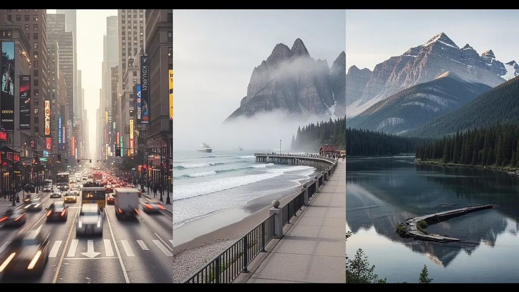 Composition artistique montrant trois phases d'un voyage représentées par trois paysages différents se fondant l'un dans l'autre, du chaos urbain à la nature paisible