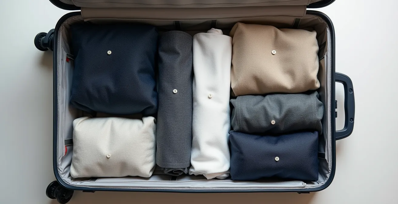 Overhead view of neatly organized travel clothes in packing cubes within an open carry-on suitcase