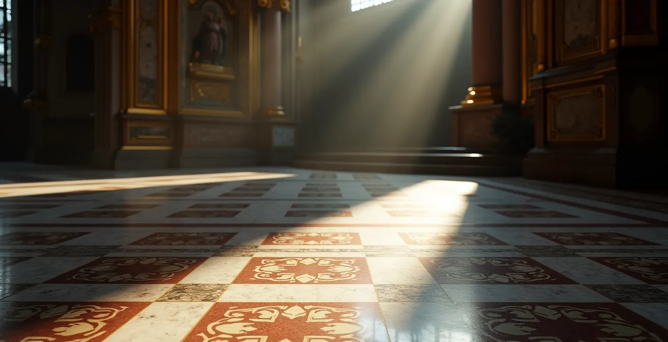 Cathedral interior with dramatic light falling across baroque marble floor