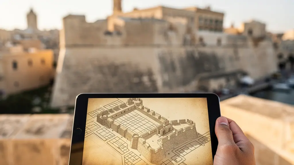 Main tenant une tablette montrant une carte ancienne de La Valette superposée au plan moderne