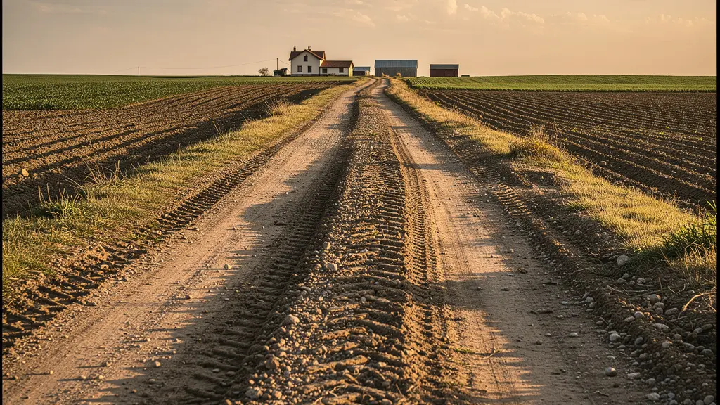 Chemin de terre menant à une ferme avec ornières visibles