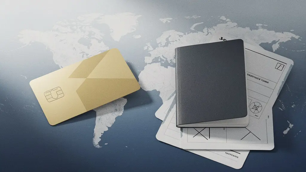 Scène comparative montrant d'un côté une carte bancaire dorée et de l'autre un passeport avec documents d'assurance voyage, sur fond de carte du monde