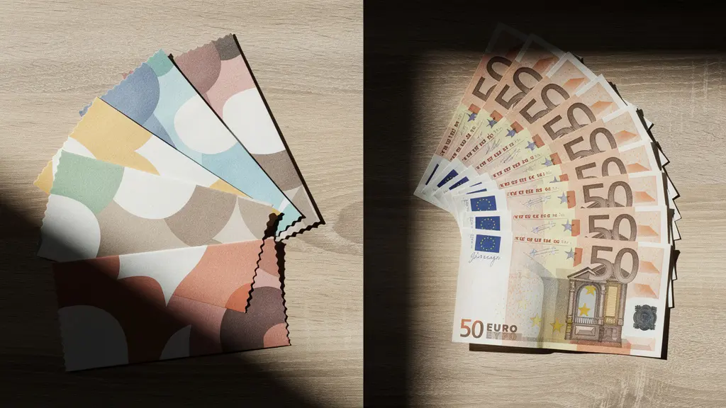 Comparaison visuelle entre un avoir papier et de l'argent liquide sur une table