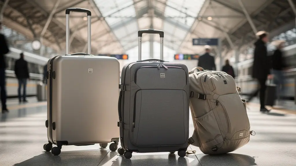 Comparaison visuelle entre une valise à roulettes, un sac à dos de voyage et un sac hybride modulaire dans un hall de gare