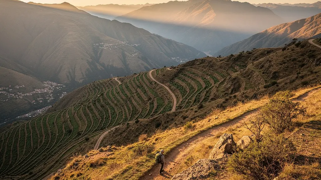 Vue aérienne d'un paysage montagneux d'Amérique latine avec des sentiers de randonnée, illustrant le choix de destination.