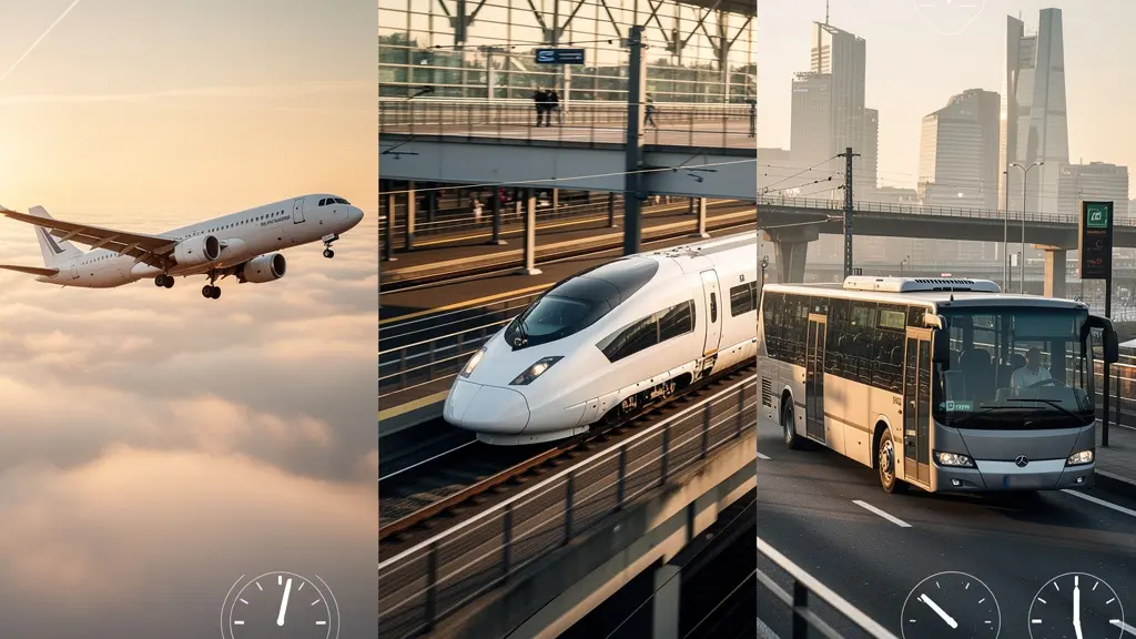 Composition visuelle comparant trois moyens de transport : avion moderne, train à grande vitesse et bus longue distance dans un environnement de gare multimodale