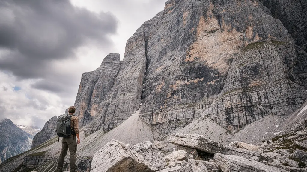 Composition photographique montrant un randonneur minuscule sur une ligne de tiers face à une montagne imposante