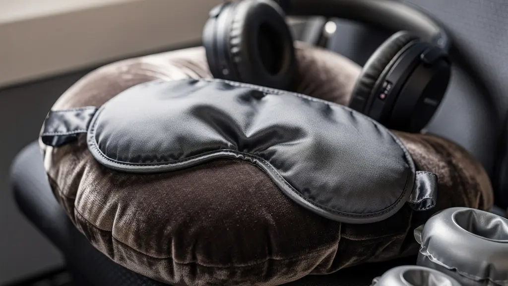 Gros plan sur des accessoires de voyage disposés sur un siège d'avion : coussin cervical ergonomique, masque de sommeil et écouteurs antibruit
