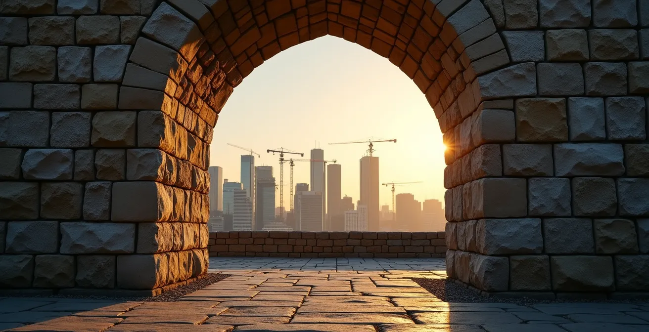 Juxtaposition of ancient ruins with modern construction cranes in the background