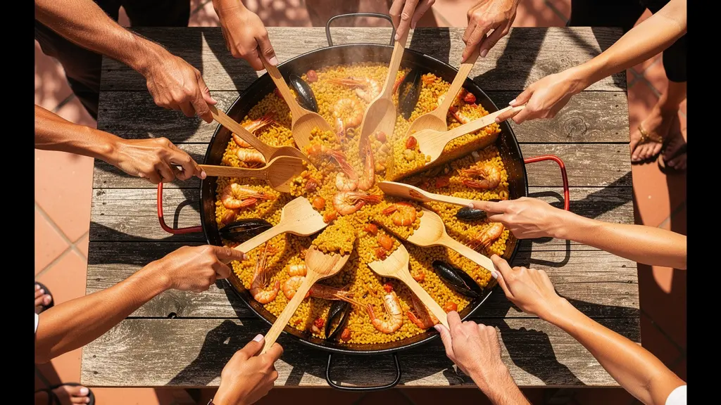 Vue plongeante sur une grande paella partagée par plusieurs convives sur une table de terrasse méditerranéenne