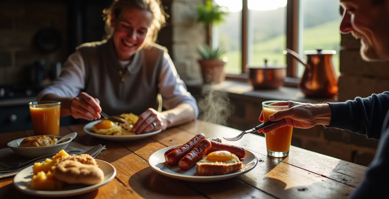 Traditional English farmhouse B&B breakfast table with countryside view through window