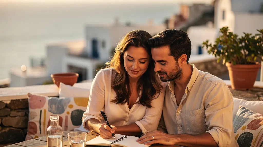 Couple en escapade romantique calculant leur budget voyage ensemble sur un balcon avec vue mer