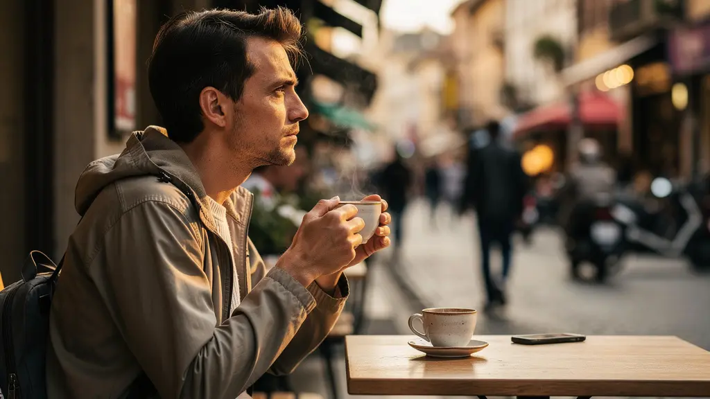 Voyageur solitaire assis dans un café local observant la vie de la rue
