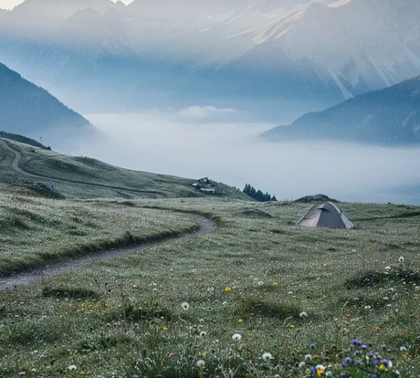 Early morning view of hidden European mountain valley with misty peaks