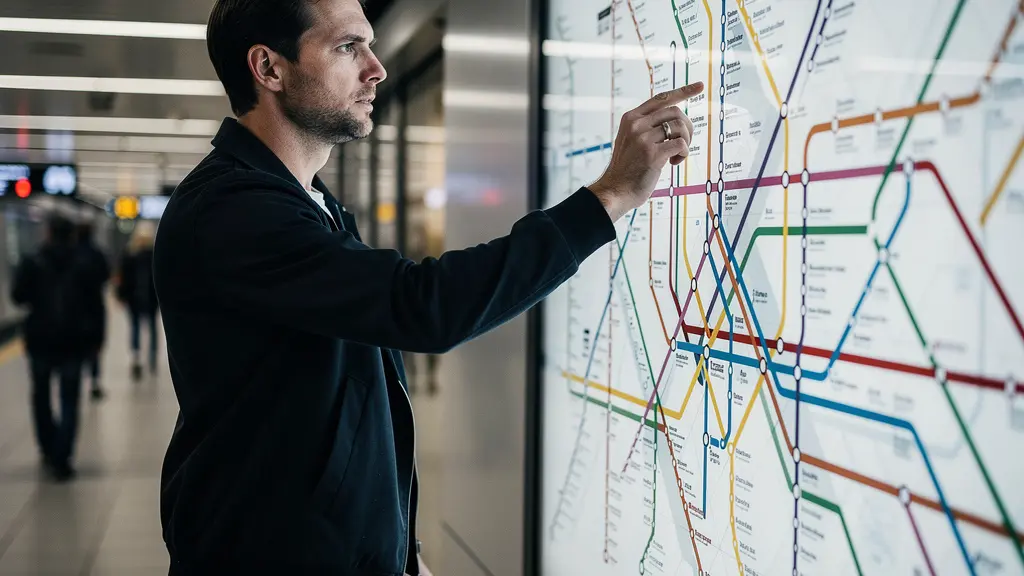 Voyageur concentré analysant un plan de métro sur un panneau d'information avec des lignes colorées et des connexions complexes dans une station moderne