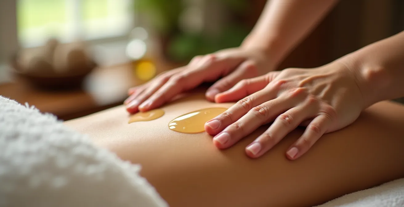 Close-up of therapeutic Ayurvedic massage showing hands and warm oil