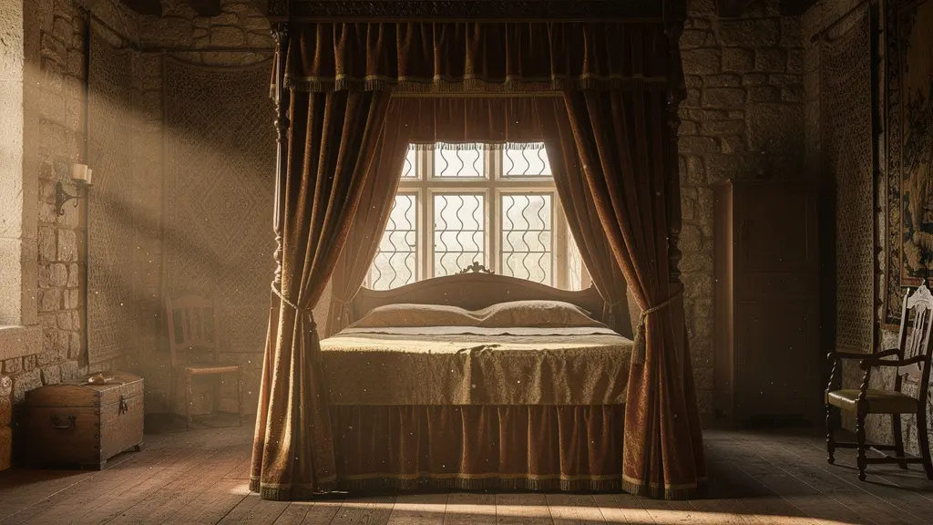 Chambre d'époque dans un monument historique du 17ème siècle avec lit à baldaquin et fenêtres à meneaux