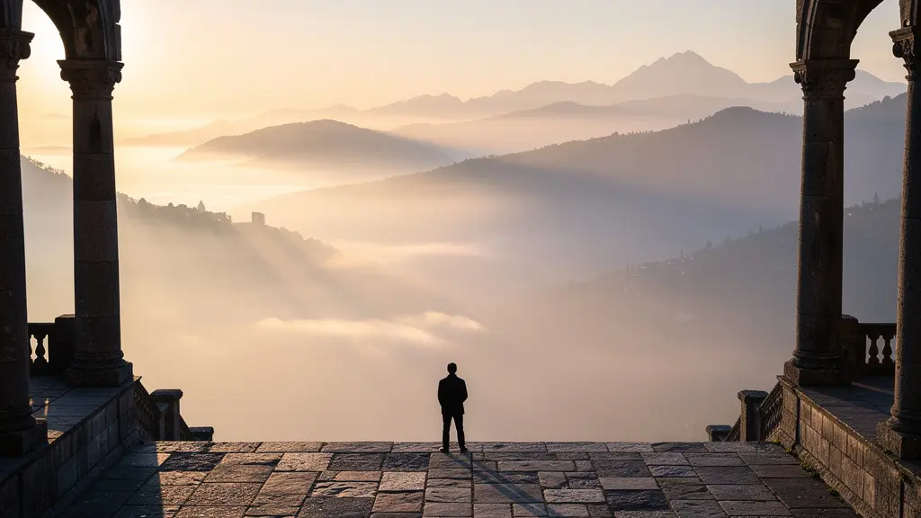 Lever de soleil sur un monument emblématique avec une seule silhouette contemplative face au paysage