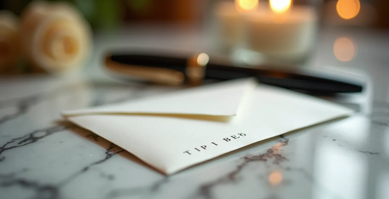 Close-up of a discreet tip envelope on the marble reception desk at a luxury UK spa.