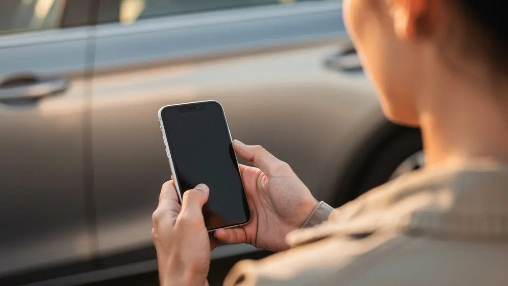 Personne prenant en photo une voiture de location avec son smartphone, lumière dorée du matin