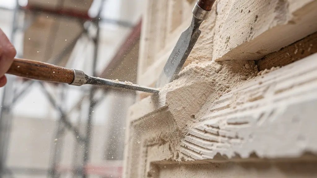 Vue rapprochée d'un artisan tailleur de pierre travaillant sur un chapiteau sculpté dans un échafaudage