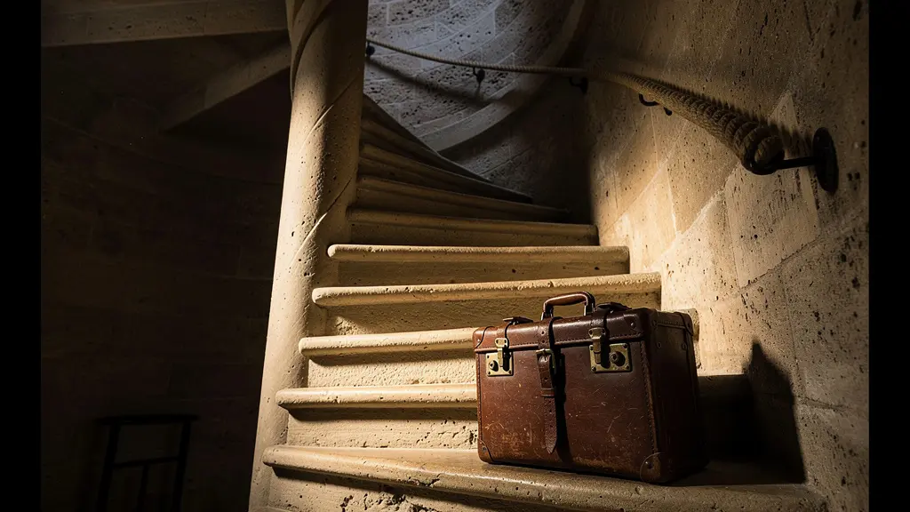 Escalier en colimaçon médiéval en pierre avec marches usées, illustrant le défi de l'accessibilité dans les monuments historiques.