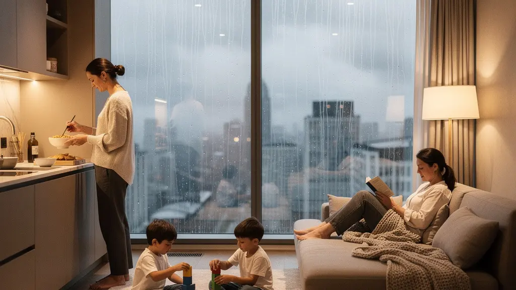 Intérieur spacieux d'un appart'hôtel avec famille profitant de différentes activités