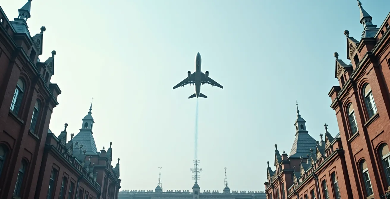 Split composition showing train and plane travel options from London