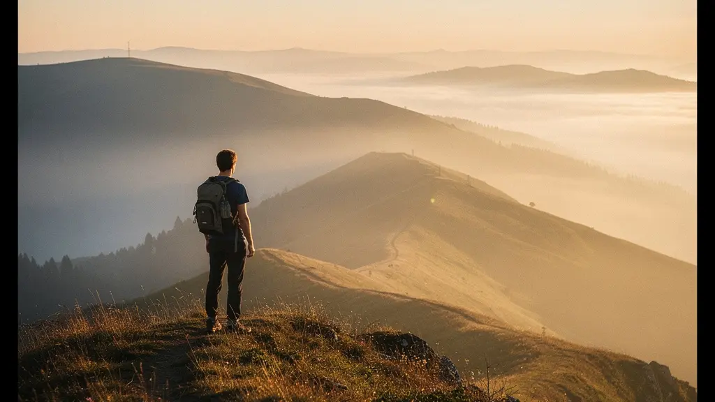 Personne seule contemplant un paysage naturel au lever du soleil avec sac à dos