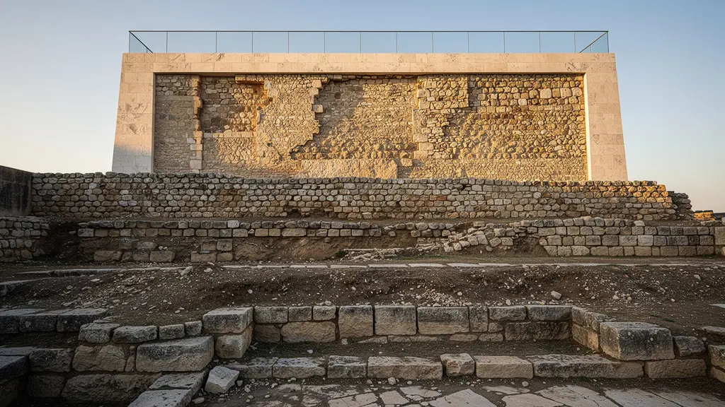 Vue en coupe d'un site archéologique montrant les différentes strates historiques superposées